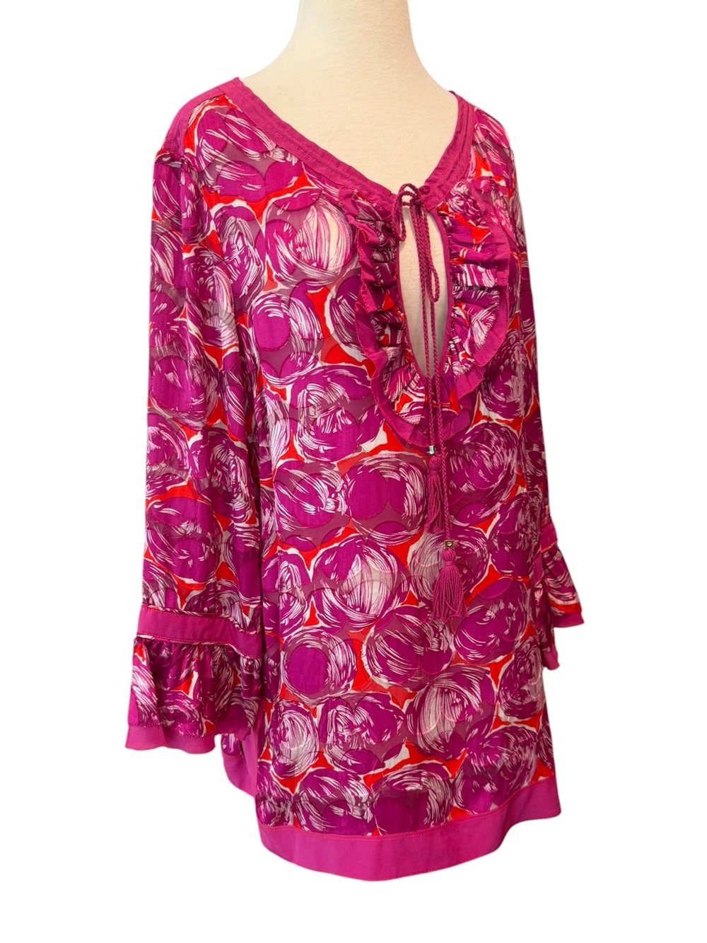 Tory Burch Gwenna Wild Orchid Silk Tunic Top Size 12 - Picture 2 of 16